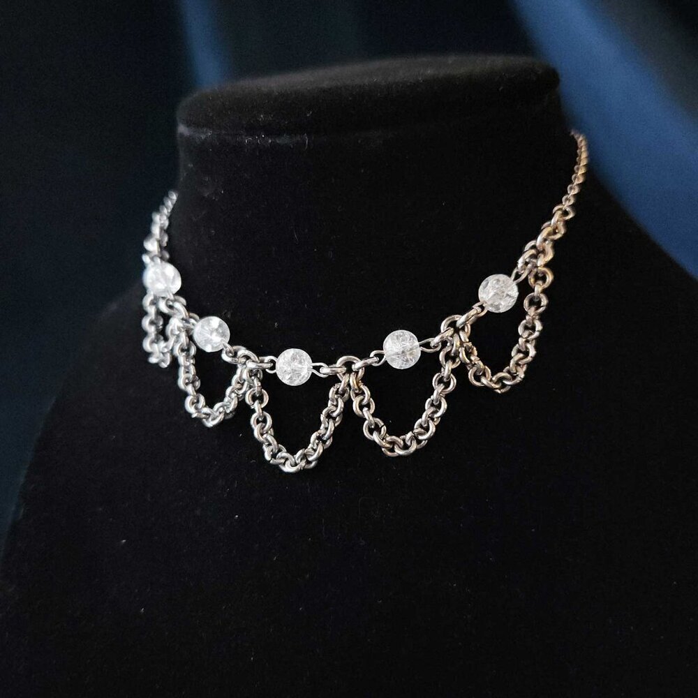 Gothic clear crystal draped chains necklace with a small silver chain